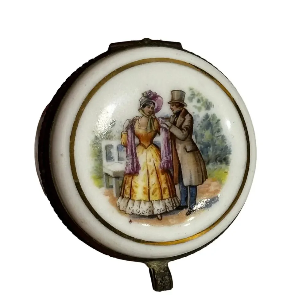 Vintage Porcelain trinket pill box round container hinged lid Victorian Couple